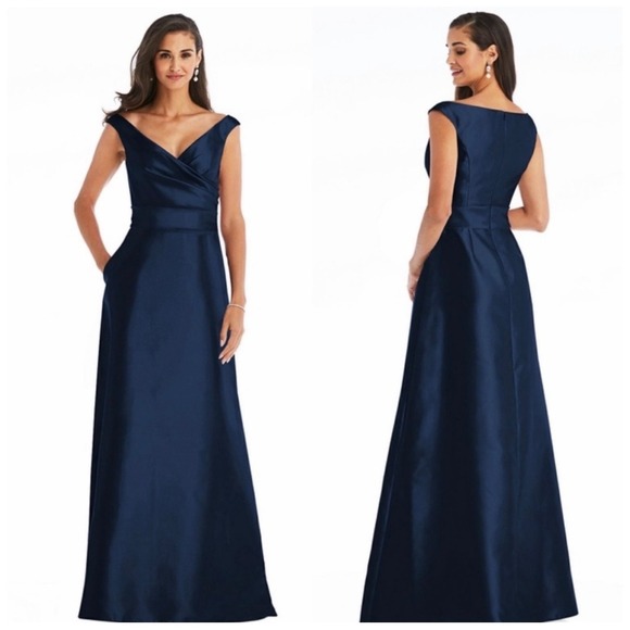 NWT Alfred Sung Off the Shoulder‎ Satin Gown in Midnight Blue Sz 12 $239 - Picture 4 of 7